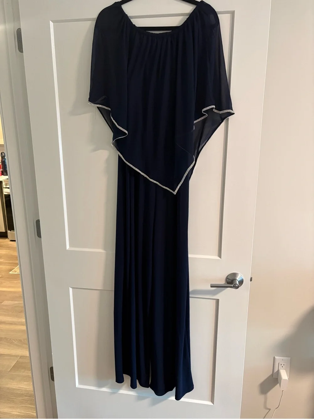 MSK Navy Romper with Sheer Capelet and Silver Trim - Picture 2 of 5